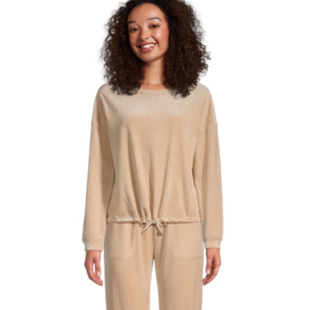 Ribbed Drawstring Pullover Top in Beige